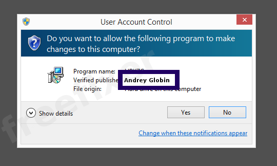 Screenshot where Andrey Globin appears as the verified publisher in the UAC dialog